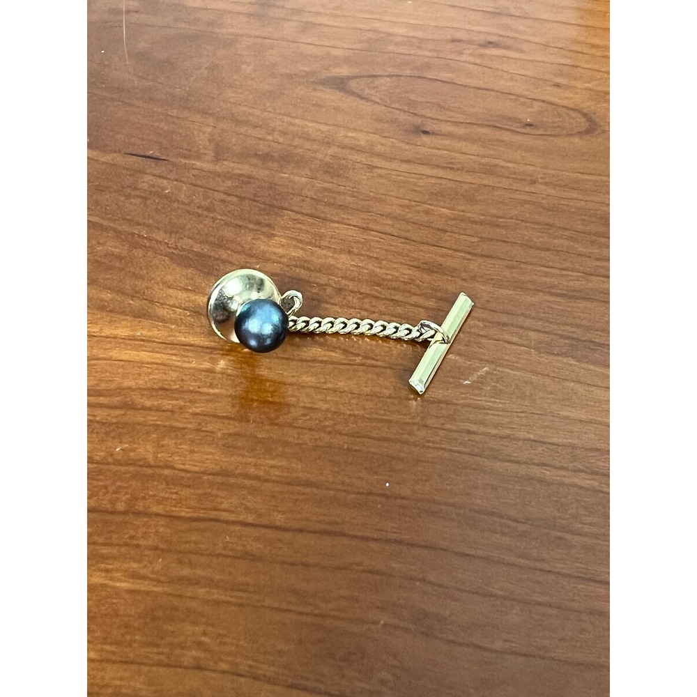 Vintage Mens Gold Tone Tie Tack Dark Grey Black Pearl T-Bar Chain Accessory